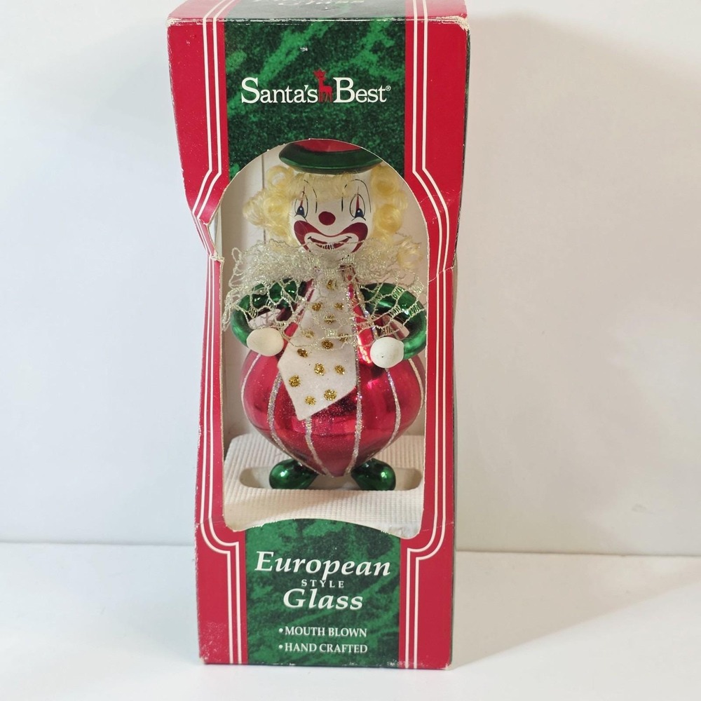 VTG Santa's Best Mouth Blown European Style Glass Clown Christmas Ornament 6"